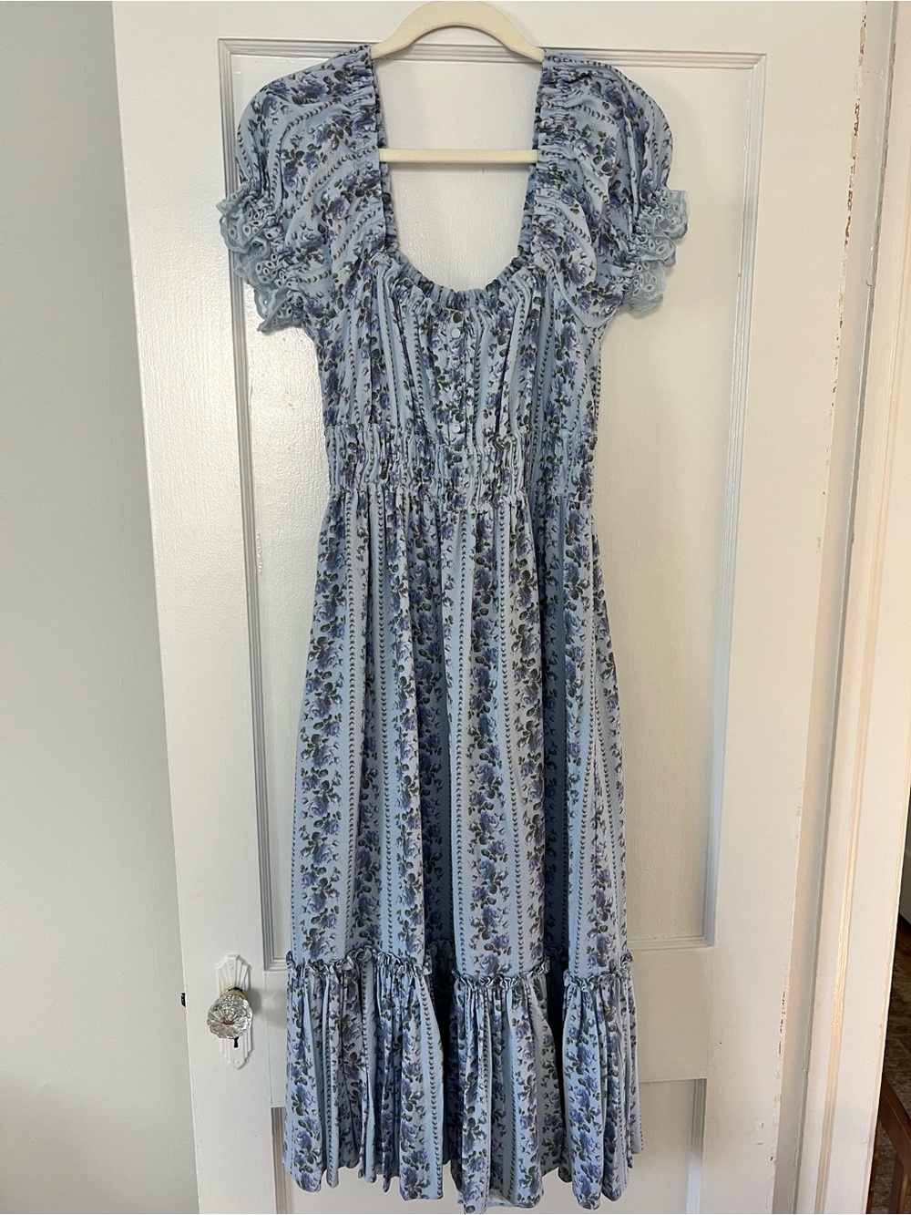 LoveShackFancy Blue Floral Smocked Midi Dress